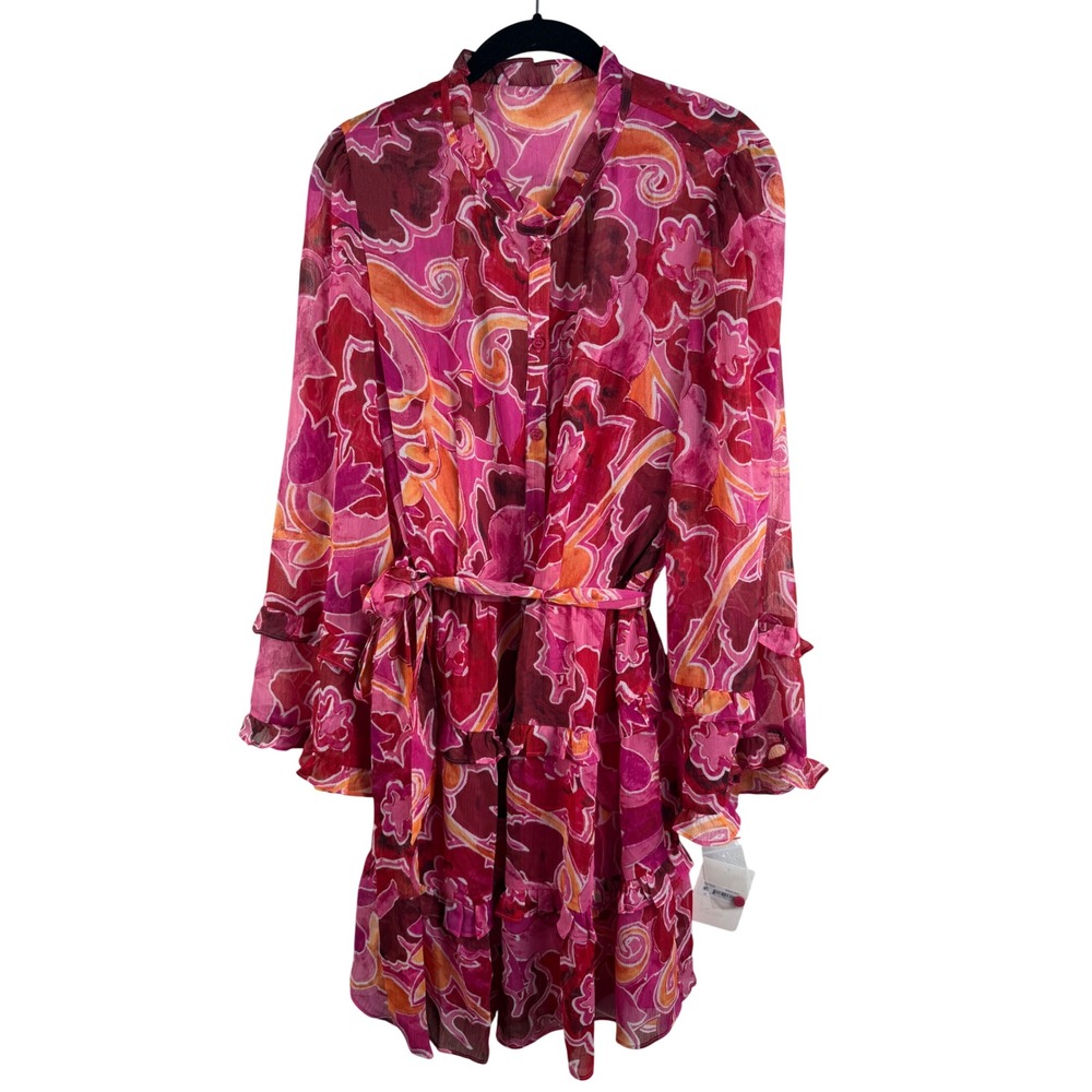 Donna Morgan Pink Retro Swirl Tiered Belted Ruffle Mini Dress - Picture 2 of 10
